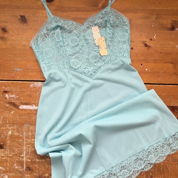 Vintage 50s Robin's Egg Blue Lace Full Slip, NWT, 34" Bust, Slip Dress - Picture 1 of 16